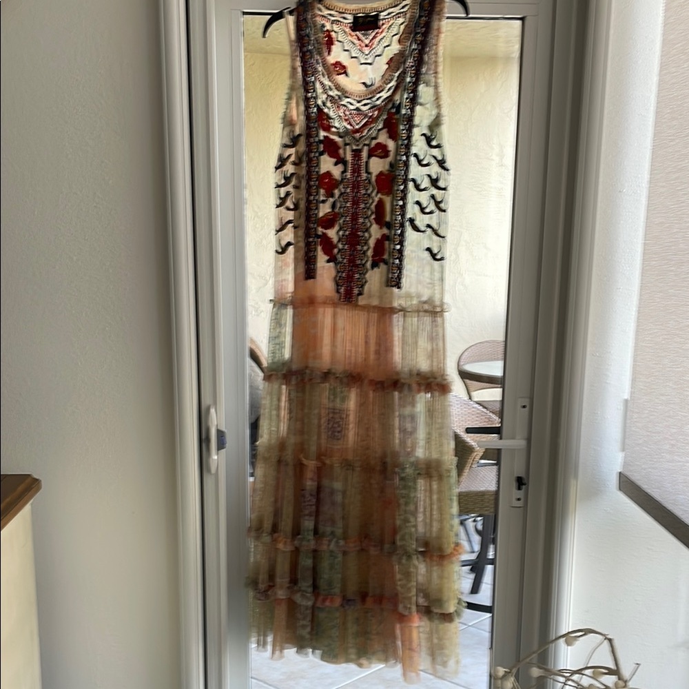 Johnny Was Floral Embroidered Tiered Maxi Dress in Cream, Red, Black
Never worn.